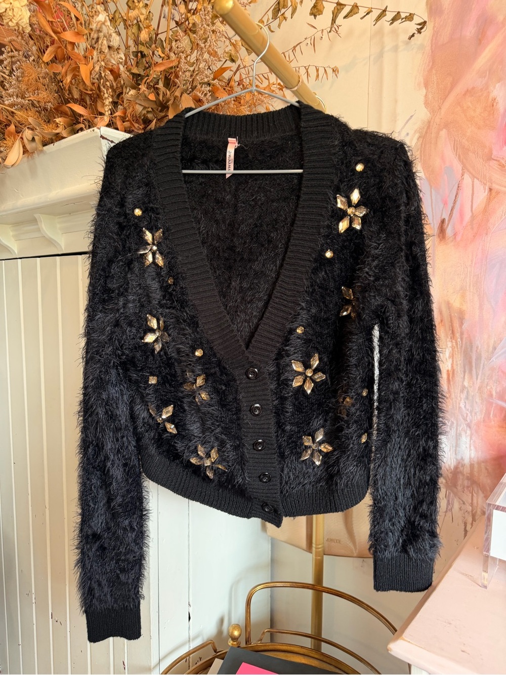 Sweewe Paris Black Fuzzy V-Neck Cardigan with Gold Floral Embellishments